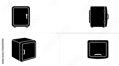Set of minimalist black mini fridge or safe box icons in various views