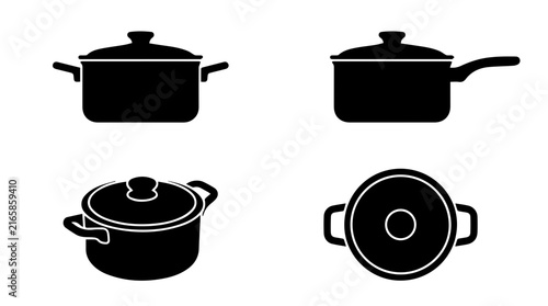 Set of Minimalist Black Cooking Pot Silhouettes and Icons