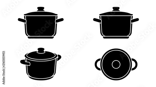 Set of Minimalist Black Cooking Pot Icons in Different Perspectives