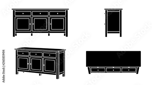 Sideboard buffet furniture silhouettes in front side perspective views