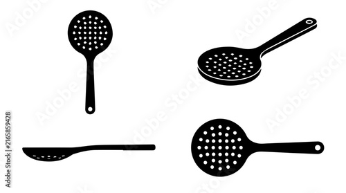 Slotted kitchen skimmer spoon silhouette icon set in multiple views