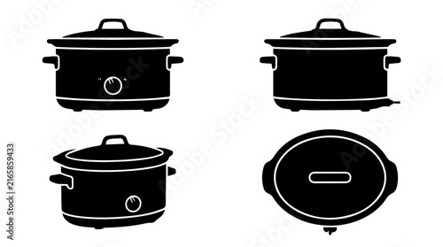 Slow Cooker Silhouette Icon Set with Different Perspective Views