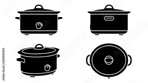 Slow Cooker Icon Set with Different Views and Perspectives