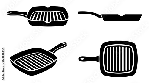 Square grill pan icons set in different perspectives
