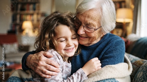 A loving grandmother embraces her granddaughter, sharing a tender moment of connection and warmth. The image beautifully captures the deep bond and affection between generations.
