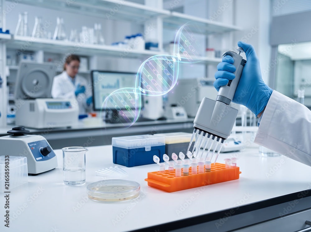 Fototapeta premium Scientist using multichannel pipette for genetic research in modern laboratory