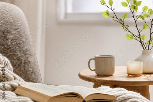 Cozy chair holds open book and knitted blanket. Wooden table holds mug, candle, and vase with green branches. Soft light filters through window, enhancing tranquil mood