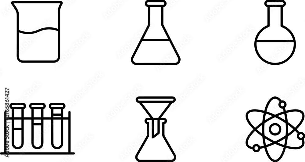 Fototapeta premium Set of laboratory glassware icons including beakers, flasks, test tubes, and an atom symbol