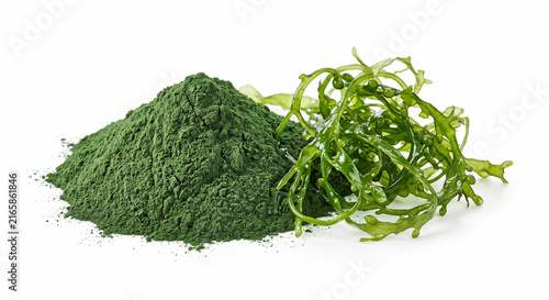 Green Spirulina Powder with Fresh Seaweed Isolated on White Background, Organic Superfood Ingredient, High Resolution PNG