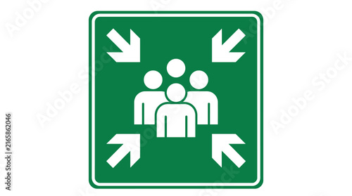 Emergency assembly point sign featuring white people icons on a green square background for safety