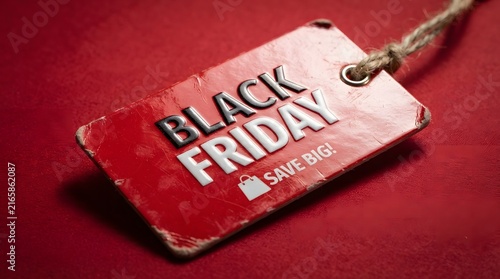 Black Friday price tag hanging on red background symbolizing major shopping discounts and sales events worldwide