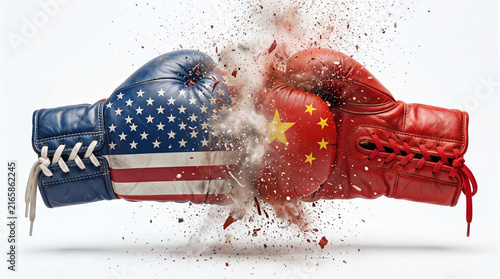 Boxing gloves with USA and China flags clashing with an explosion effect, conceptual image representing geopolitical power struggle, trade war, and global rivalry.