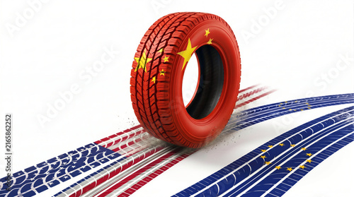 Car tire painted with China flag rolling over tracks of USA and European Union flags, conceptual image for Chinese EV expansion, automotive market war, and trade tariffs.