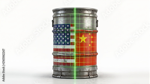 Metallic radioactive barrel split between USA and China flags with glowing wireframe line, conceptual image for nuclear waste and geopolitical tension.
