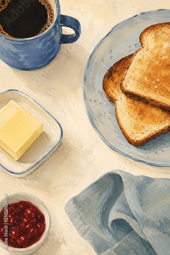 Coffee with Toast, Butter and Berry Jam Hand Painted Breakfast Illustration