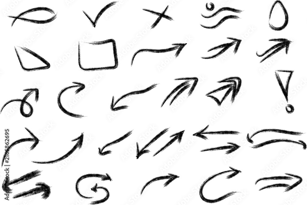 Fototapeta premium Collection of hand drawn arrows and doodle symbols isolated on a white background for design elements