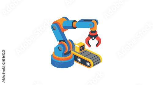 Isometric industrial robotic arm operating above a moving conveyor belt system for automated factory production with isometric illustration mechanical