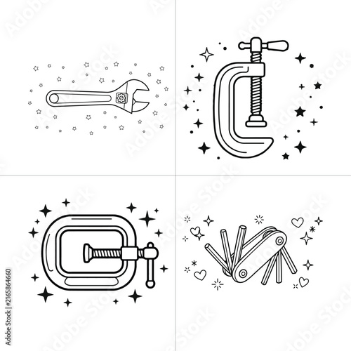 Bild auf Leinwand Set of outline hand tools featuring wrench and clamps for manual repair work and assembly
