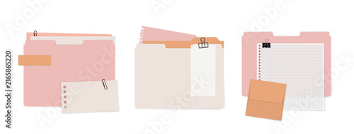A set of illustrations featuring document folders with stationery, notes, and paperclips. Folder templates in pastel pink and peach colors.