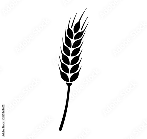 Black silhouette icon of single curved wheat ear isolated on transparent background for agriculture crop.