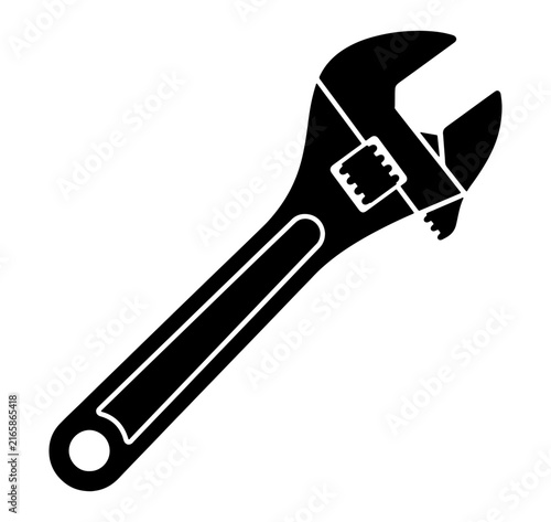 Black silhouette icon of adjustable wrench tool isolated on transparent background for mechanical repair.