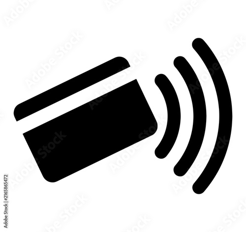 Contactless payment card icon showing radio signal waves for wireless financial transactions in black silhouette.