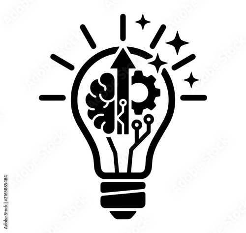 Innovation lightbulb concept with digital brain and gear mechanism for technology and creative thinking idea.
