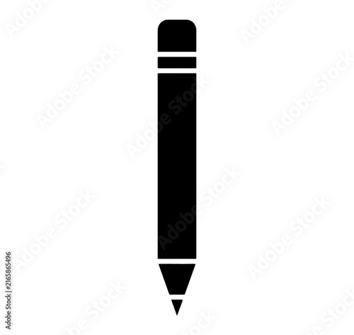 Pencil stationery icon with eraser for writing drawing sketching and artistic design work in black style.