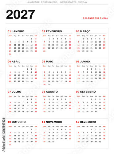 Modern 2027 portrait calendar in portuguese for Portugal sunday start