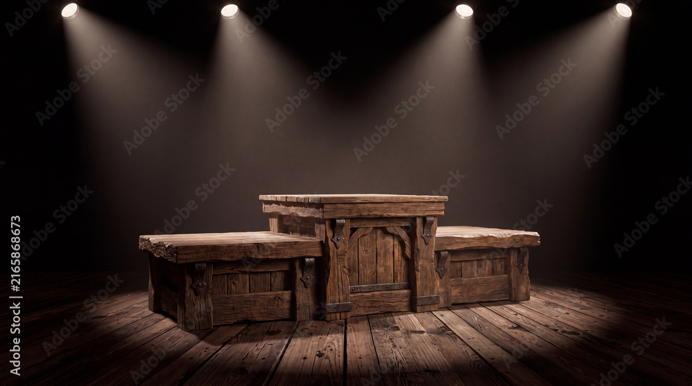 A beautifully crafted rustic wooden table set in a spotlight, showcasing its intricate details, perfect for thematic events and photography sessions.