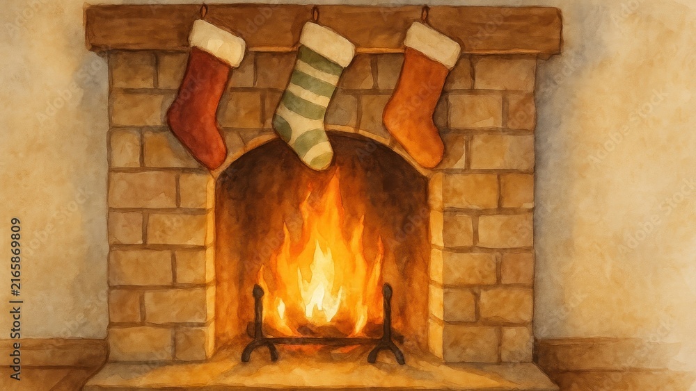 Naklejka premium Cozy fireplace with Christmas stockings.
