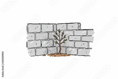 Sprout Breaking Through Brick Wall Sketch.