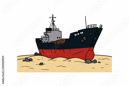 Stranded Cargo Ship on Sandy Beach.