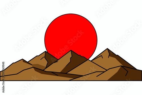Stylized Mountain Landscape With Red Sun.