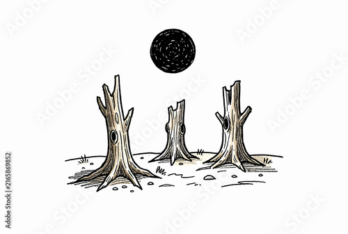 Three Tree Stumps Hand Drawn Illustration.