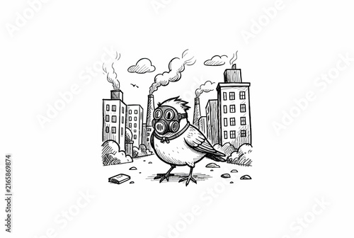 Urban pigeon sketch with city backdrop.
