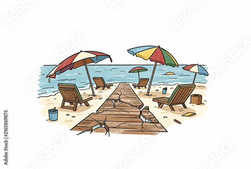 Tropical Beach Boardwalk With Umbrellas.