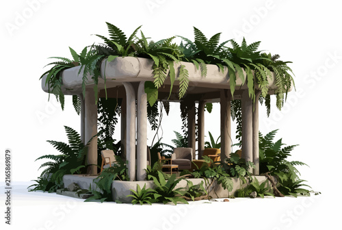 Tropical Garden Pavilion With Lush Hanging Plants.