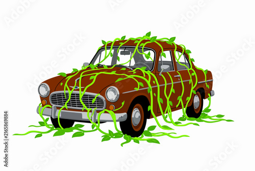 Vintage Car Wrapped in Green Vines.