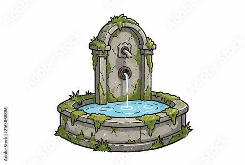 Vintage Stone Garden Fountain Illustration.