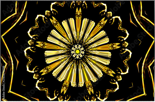 Canvastavla A symmetrical mandala design in golden hues radiates against a dark backdrop