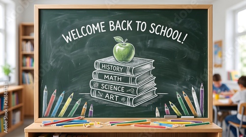 Welcome Back To School Chalkboard With Stacked Books And Apple In A Classroom Setting