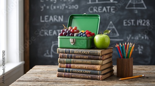 School lunch box with fresh fruit on a stack of vintage books in a classroom setting