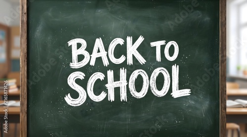 Back to school text written in white chalk on a green classroom chalkboard background