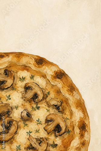 Mushroom Pizza with Cheese and Fresh Thyme Hand Painted Food Illustration