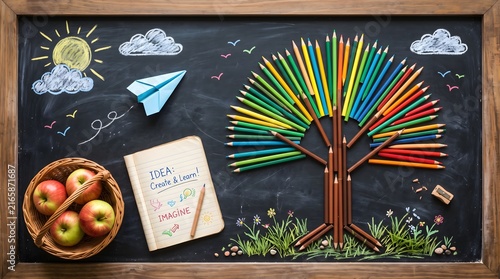 Creative tree made of colorful pencils on a chalkboard with school supplies and apples.