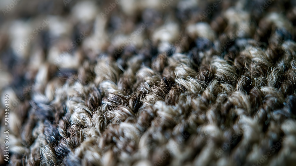 Fototapeta premium Close up of textured woven fabric with mixed brown and beige fibers under soft natural lighting