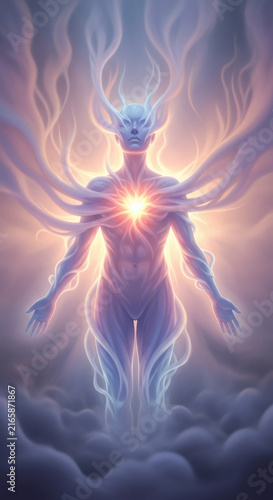 Ethereal glowing figure with light emanating from chest and head