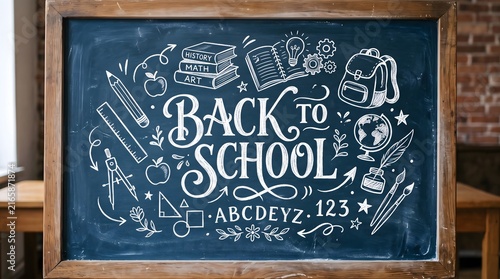 Back to School chalkboard sign with hand drawn educational icons and typography.