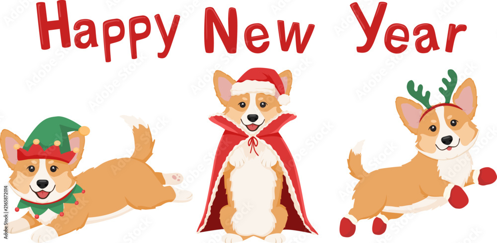 Fototapeta premium Happy New Year vector banner with cute Welsh Corgi dogs in festive winter costumes isolated on white